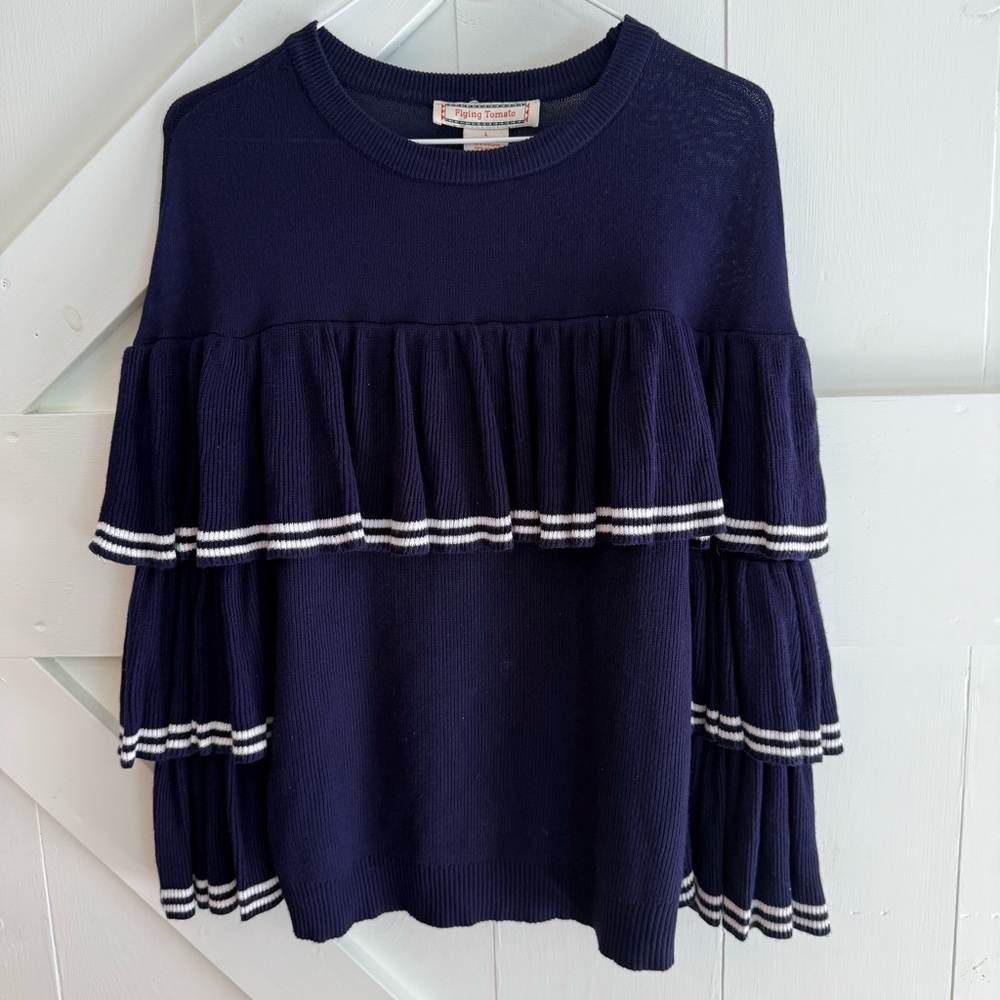 Flying‎ Tomato Navy Blue Sweater with Ruffle Details Large Boho Preppy
